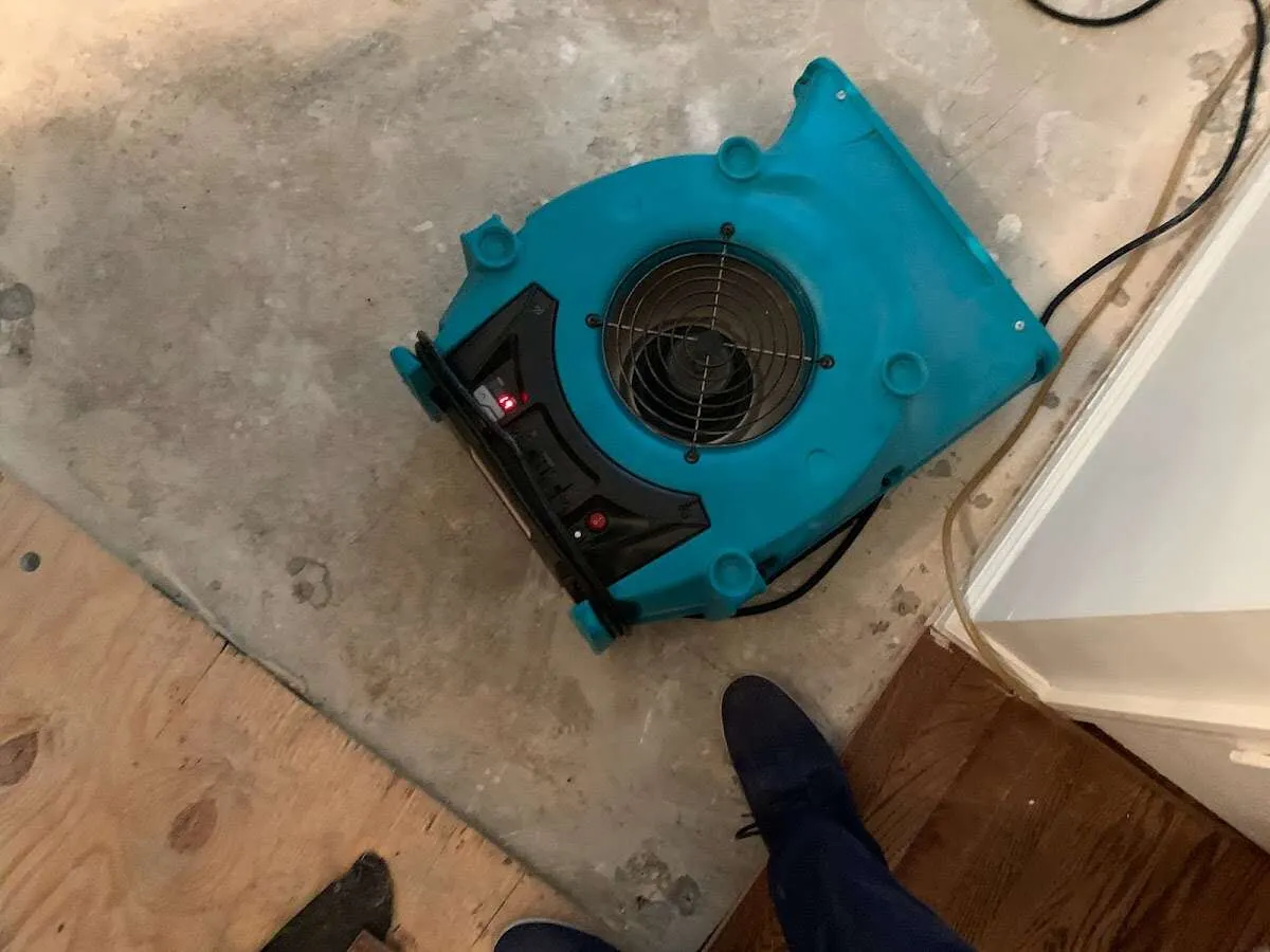 Air mover drying subfloor during Leak Detection & Repair in Orchards